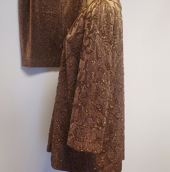 90s Carmen Marc Valvo Bronze Gold Metallic Beaded Vintage  Jacket Skirt Set 16 - Picture 7 of 12